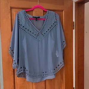White House Black Market Sheer Blue Blouse with Geometric Trim